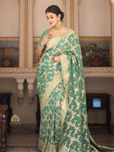 French Green Banarasi Meenakari Khaddi Weaved Georgette Saree