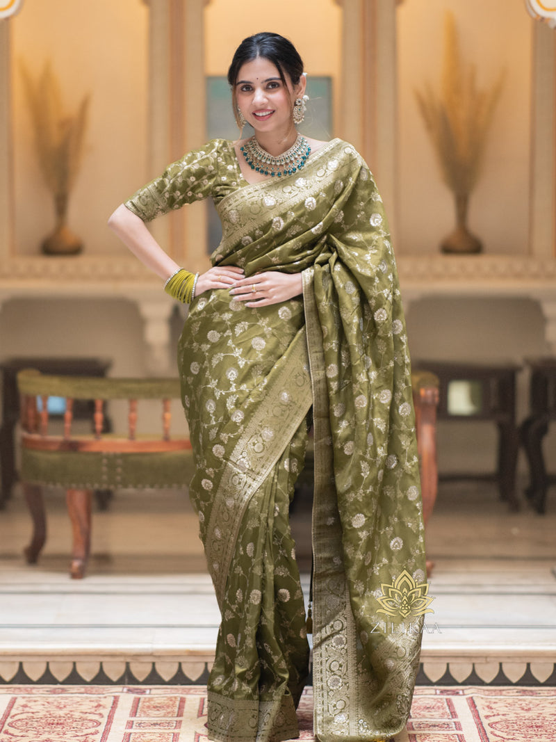 Order Sabyasachi Mehendi Green Sequins Party Wear Saree with Blouse