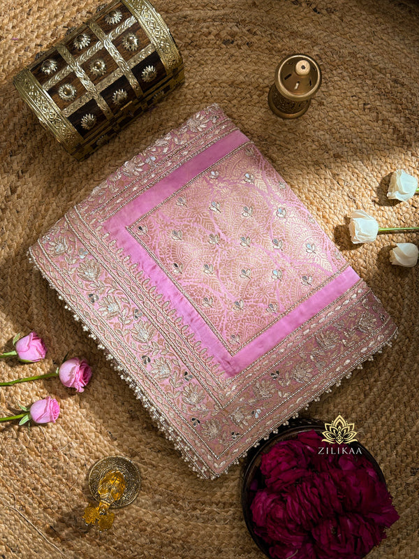 Baby Pink Zardozi Handwork Mulberry Banarasi Silk Saree