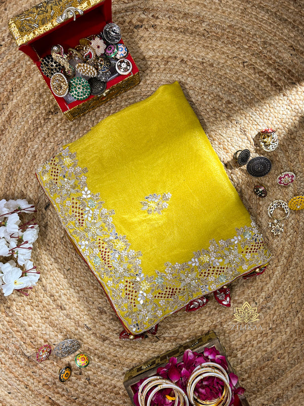 Mustard Golden Soft Tissue Silk Saree with Zardozi Handwork