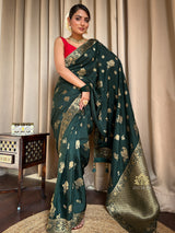 Bottle Green Banarasi Uppada Silk Saree