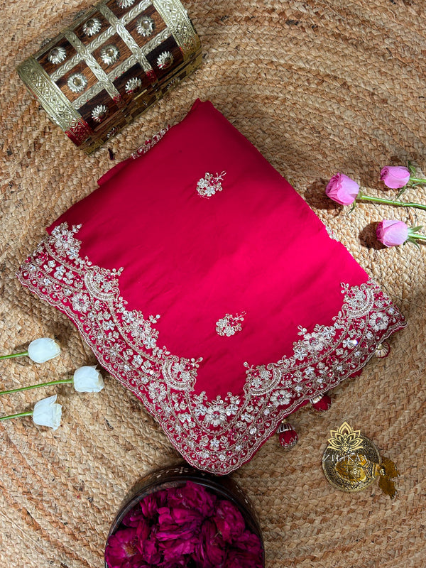 Magenta Pink Mulberry Silk Saree With Zardozi Scalloped Border