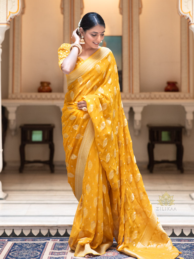 Mustard Yellow Banarasi Khaddi Weaved Georgette Saree