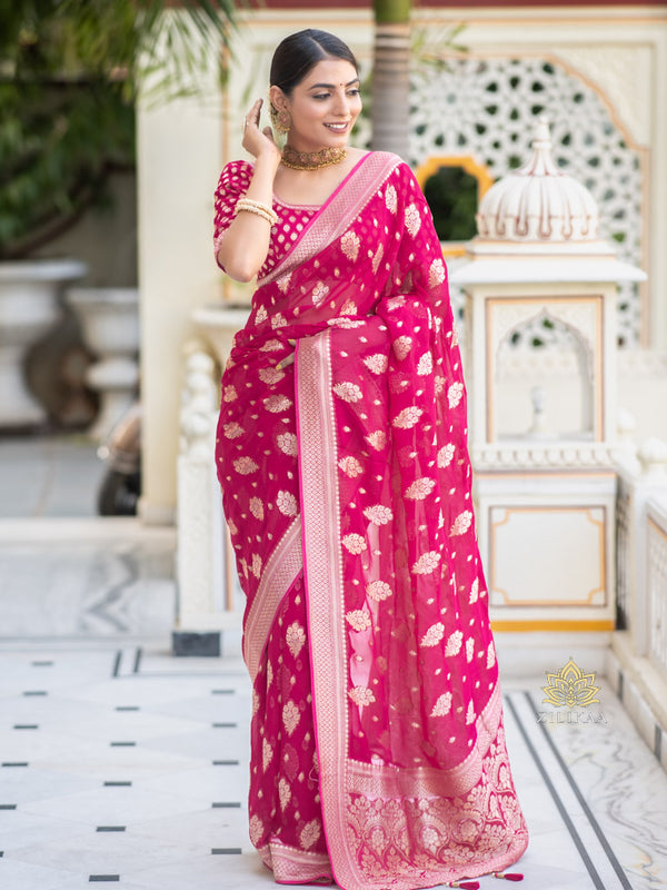 Queen Pink Banarasi Khaddi Weaved Georgette Saree