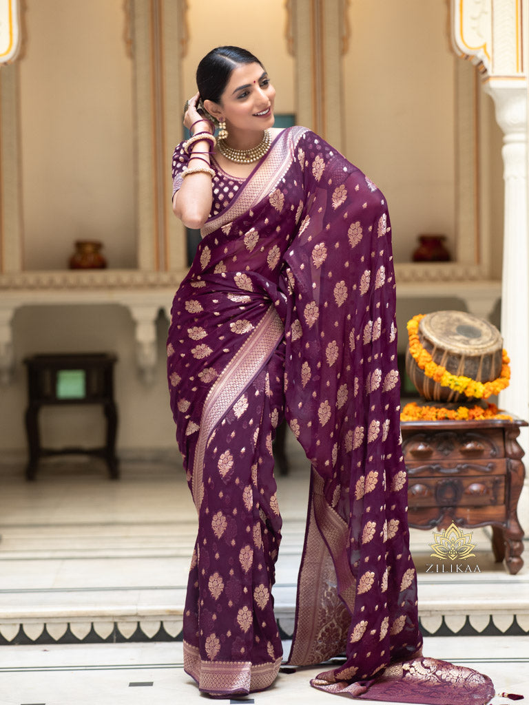 Plum Wine Banarasi Khaddi Weaved Georgette Saree