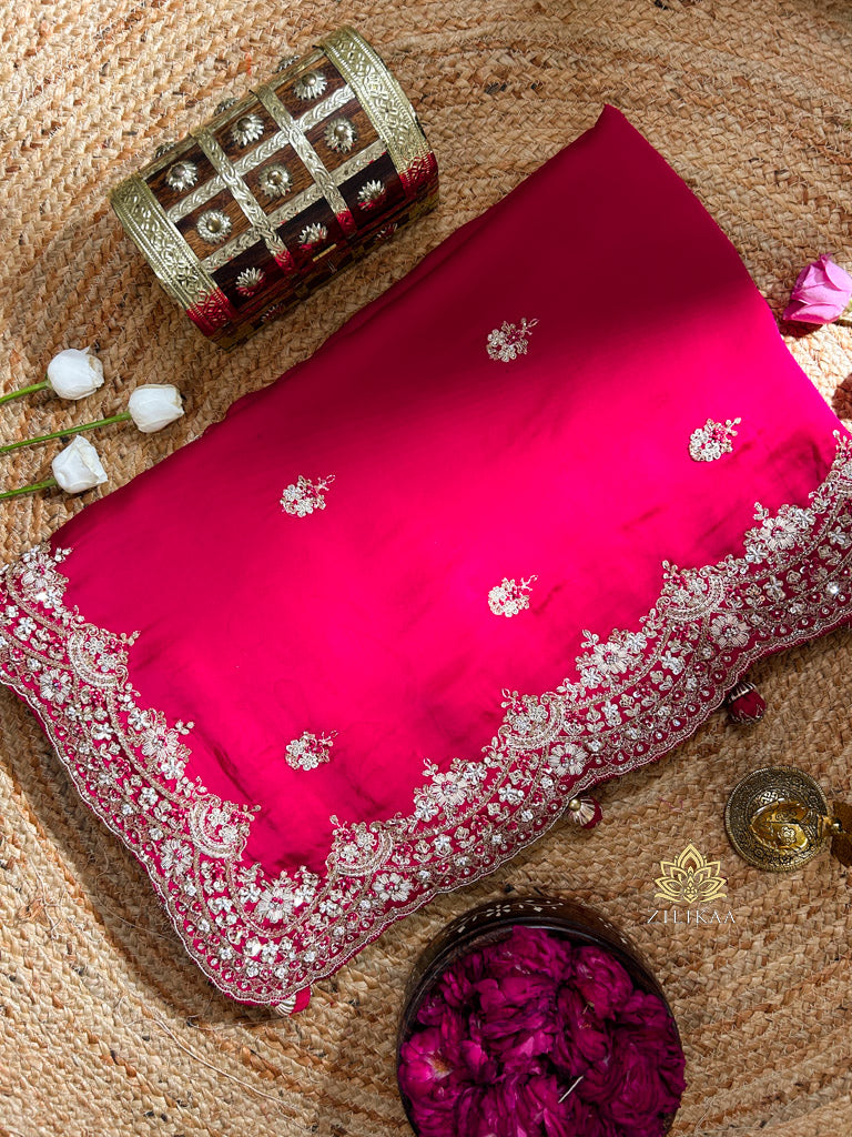 Magenta Pink Mulberry Silk Saree With Zardozi Scalloped Border