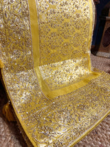 Lemon Yellow Zardozi Handwork Zari Tissue Silk Saree