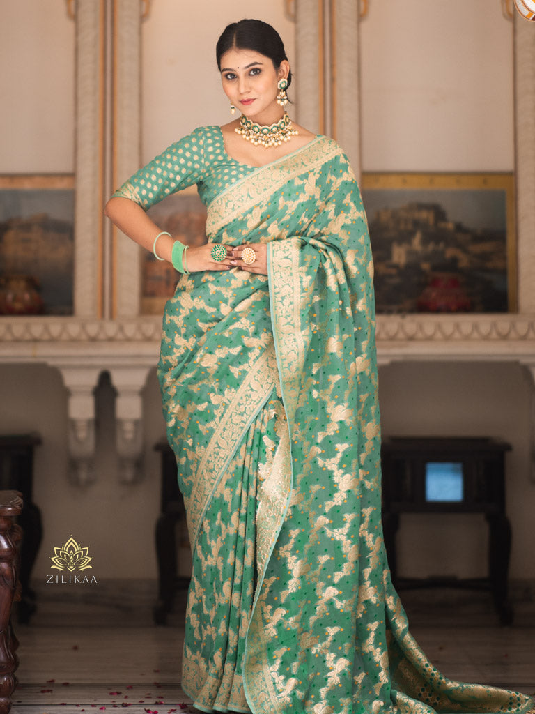 French Green Banarasi Meenakari Khaddi Weaved Georgette Saree