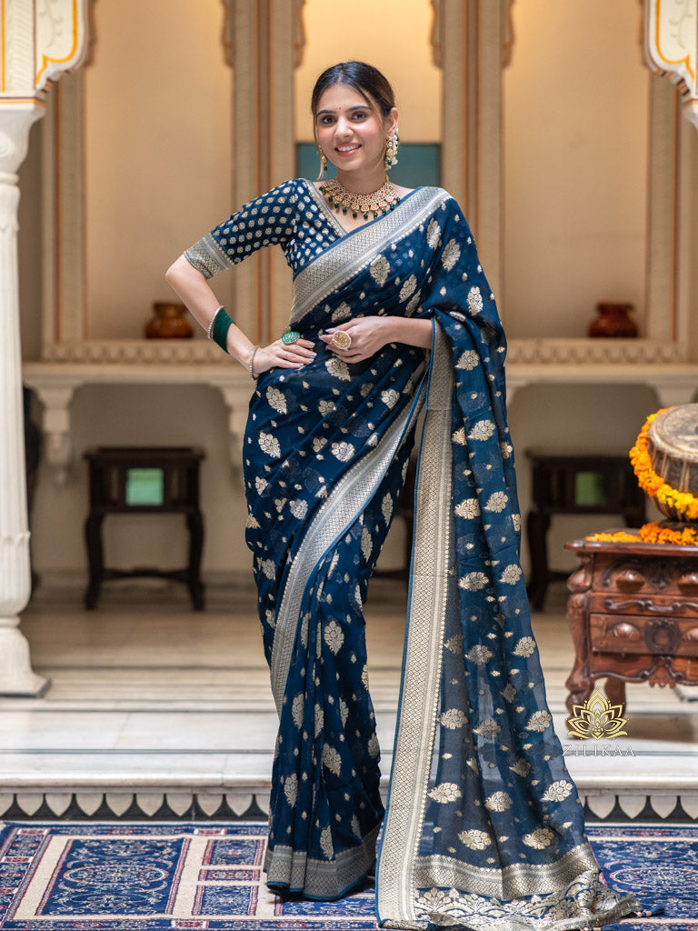 Midnight Blue Banarasi Khaddi Weaved Georgette Saree