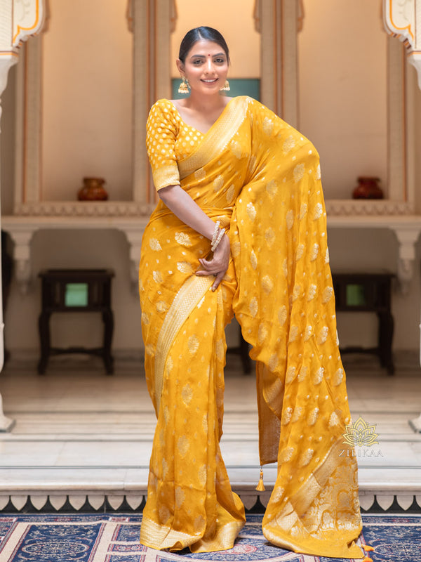 Mustard Yellow Banarasi Khaddi Weaved Georgette Saree