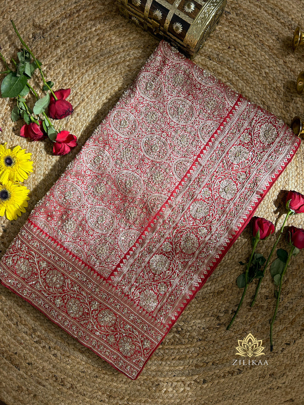 Crimson Red Zardozi Handwork Katan silk saree