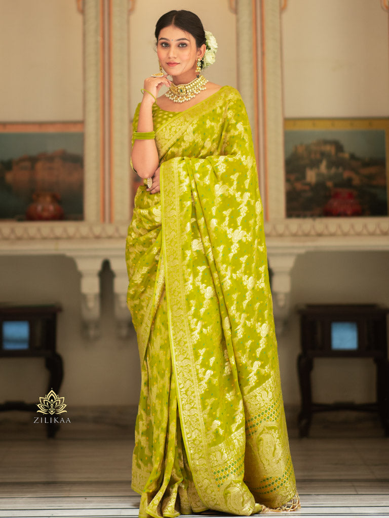 Baby Mehendi Banarasi Meenakari Khaddi Weaved Georgette Saree