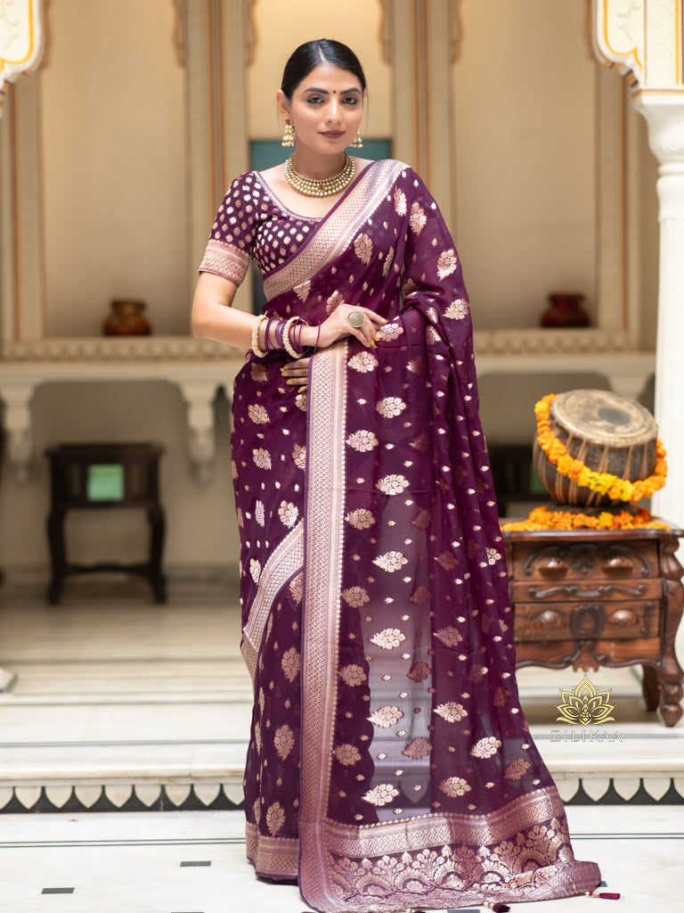 Plum Wine Banarasi Khaddi Weaved Georgette Saree