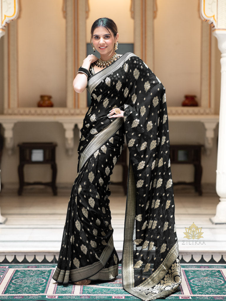 Midnight Black Banarasi Khaddi Weaved Georgette Saree