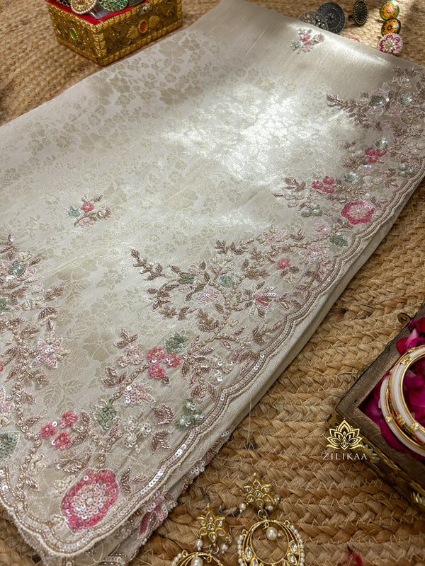 Ivory White Soft Tissue Silk Saree With Scalloped Sequins Zardozi Pearl Handwork