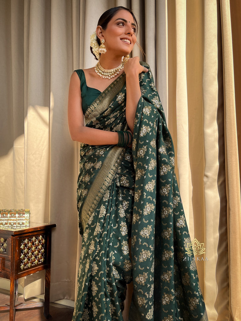 Bottle Green Banarasi Uppada Silk Saree