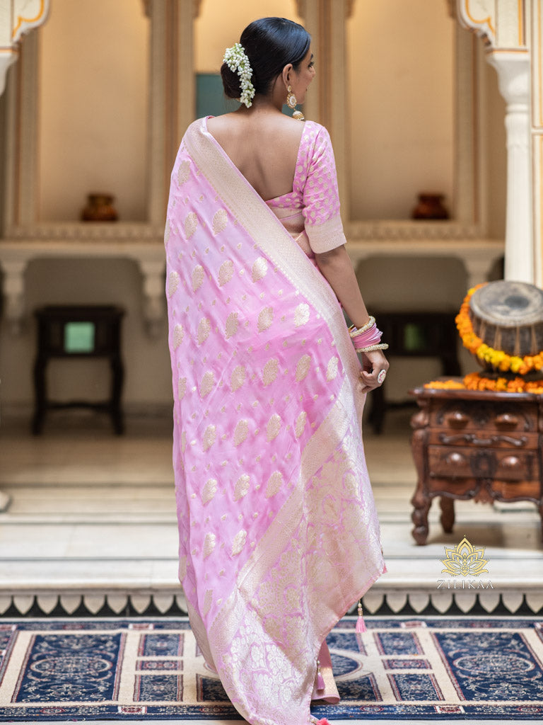 Baby Pink Banarasi Khaddi Weaved Georgette Saree