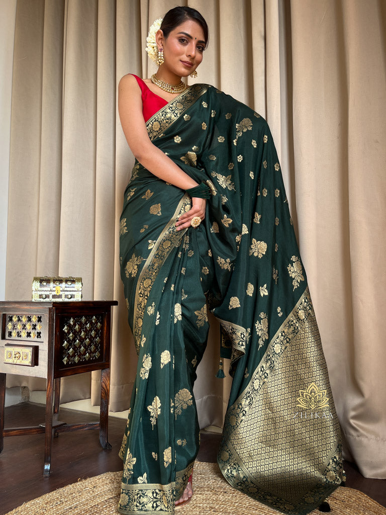 Bottle Green Banarasi Uppada Silk Saree