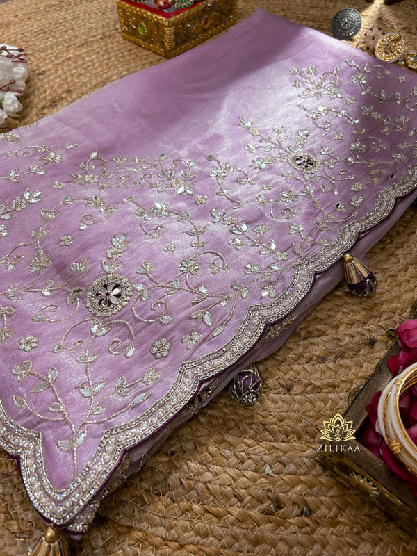 Lilac Special Soft Tissue Silk Saree with Designer Handwork & heavy Blouse piece