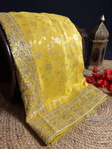 Lemon Yellow Zardozi Handwork Zari Tissue Silk Saree