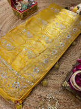 Mustard Gold Special Zardozi Gota Handwork Banarasi Silk Saree