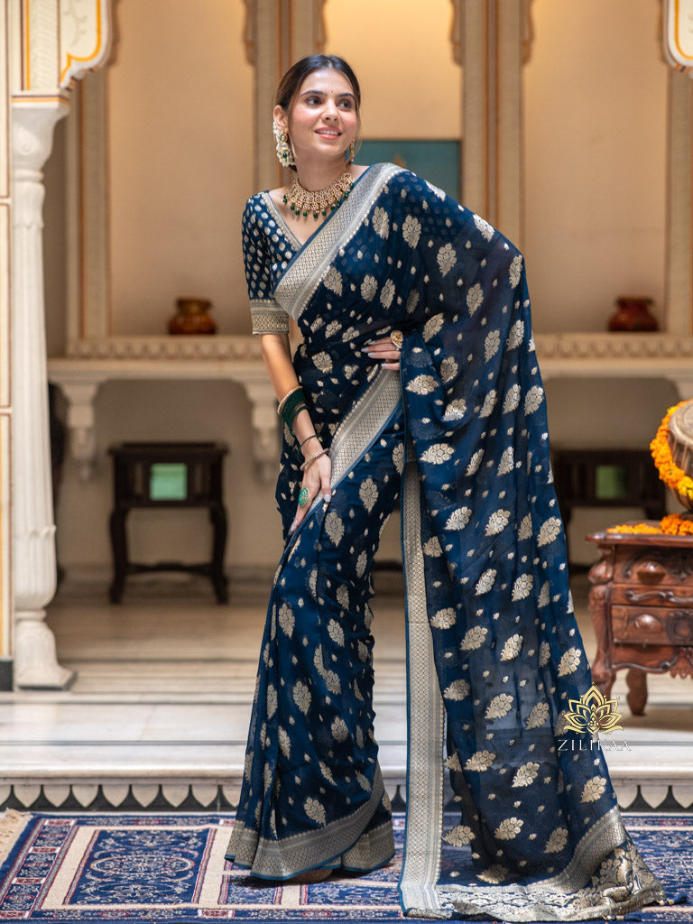 Midnight Blue Banarasi Khaddi Weaved Georgette Saree