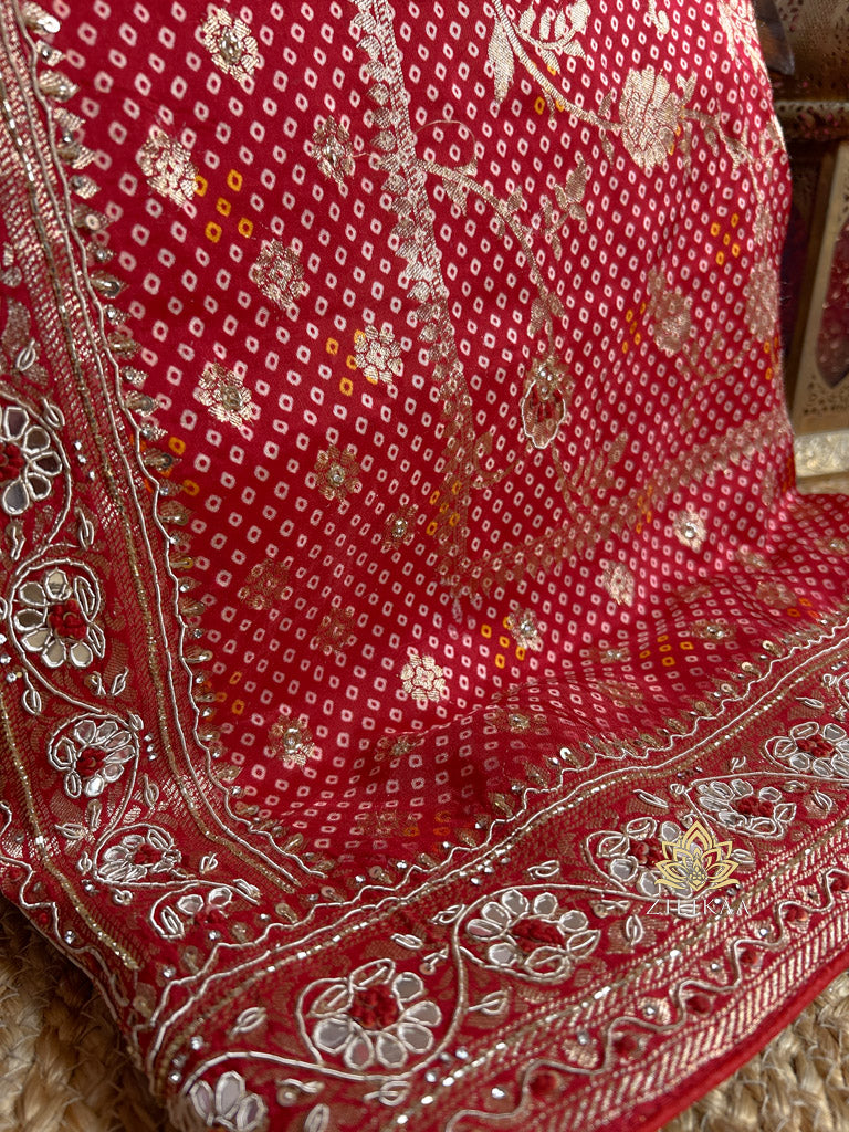Red Special Zardozi Handwork Bandhani Print Designer Silk Saree