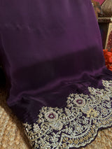 Plum Purple Munga Silk Saree With Zardozi Scalloped Border