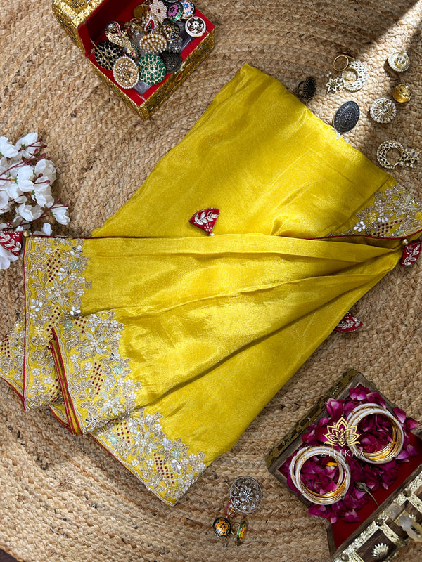 Mustard Golden Soft Tissue Silk Saree with Zardozi Handwork