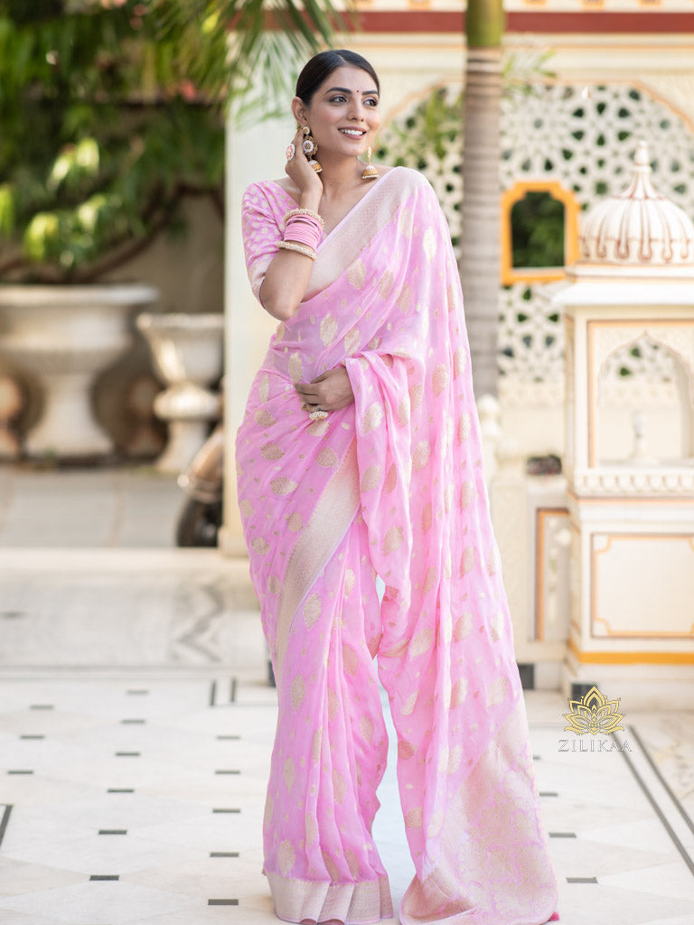 Baby Pink Banarasi Khaddi Weaved Georgette Saree