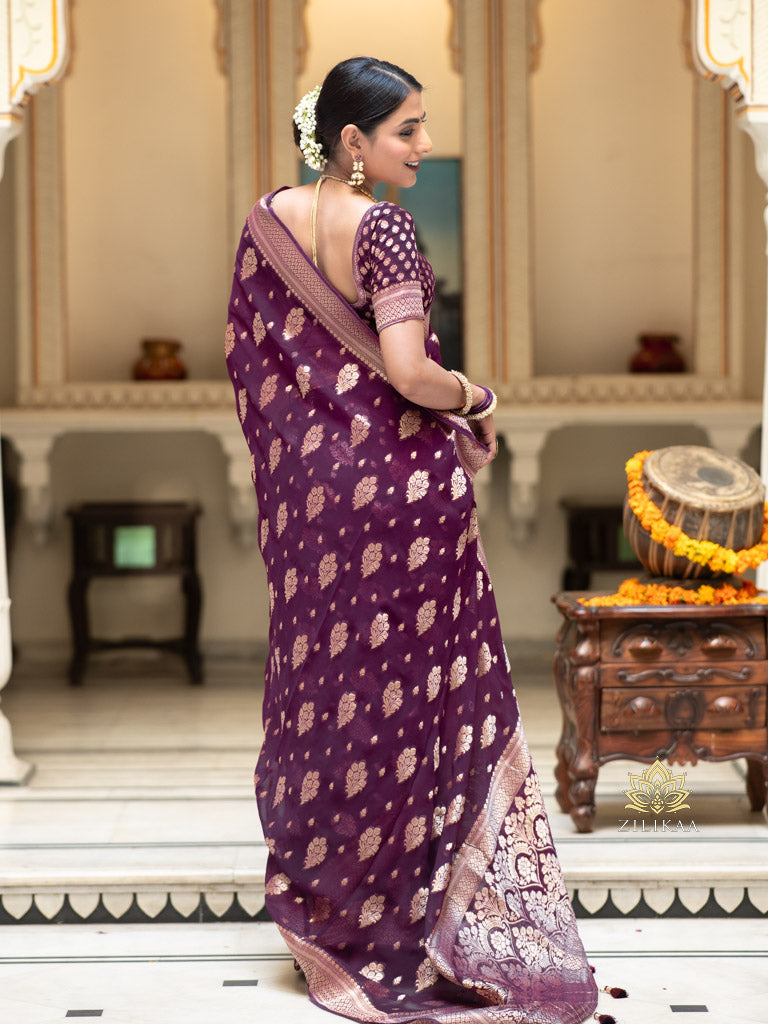 Plum Wine Banarasi Khaddi Weaved Georgette Saree