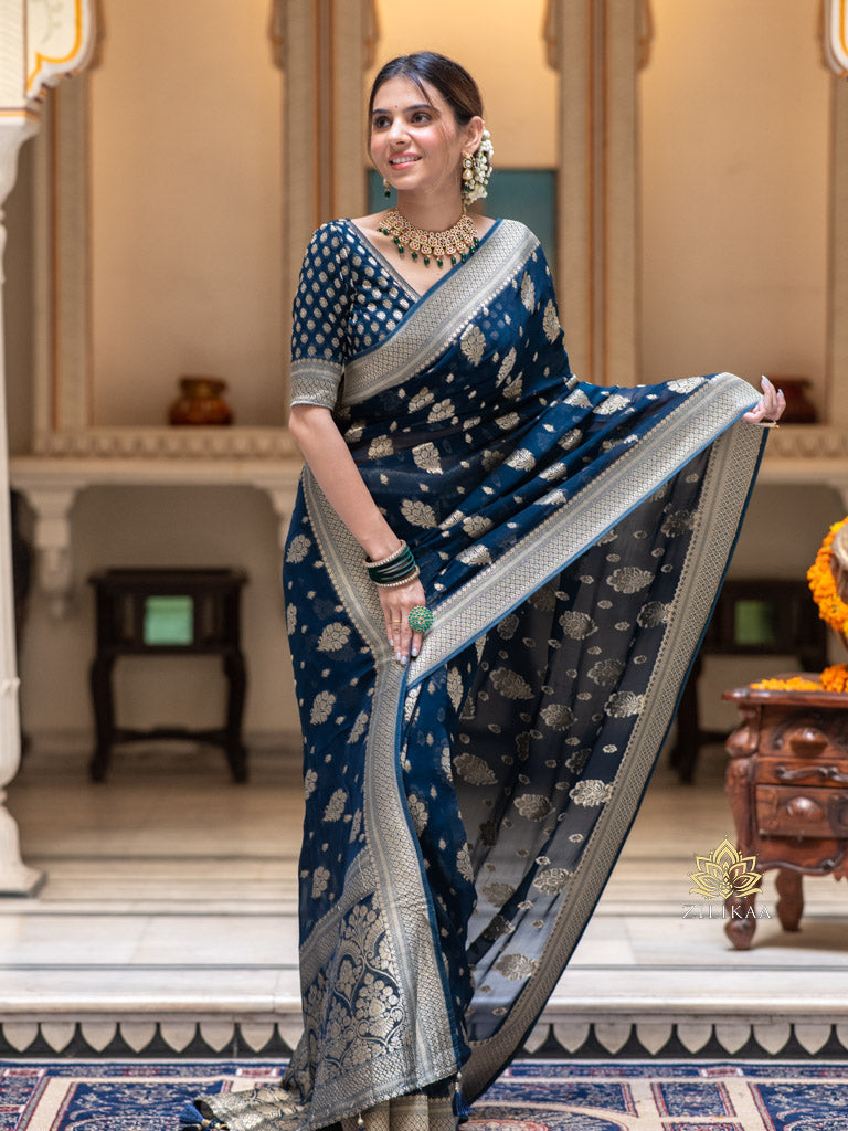 Midnight Blue Banarasi Khaddi Weaved Georgette Saree