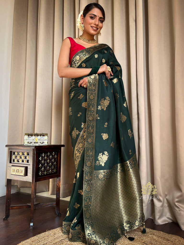 Bottle Green Banarasi Uppada Silk Saree