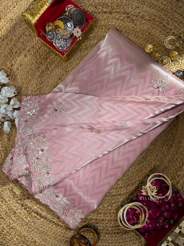 Baby Pink Soft Tissue Silk Saree With designer Sequins Handwork Border