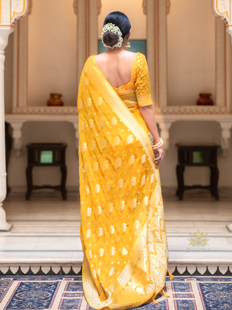 Mustard Yellow Banarasi Khaddi Weaved Georgette Saree