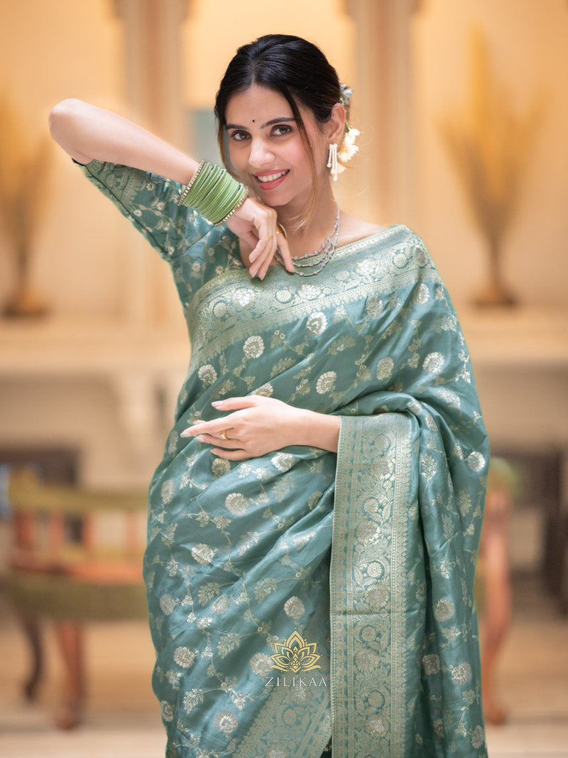 Turquoise Green Banarasi Uppada Silk Saree