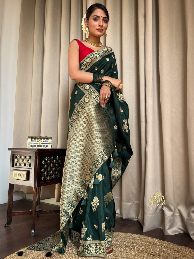 Bottle Green Banarasi Uppada Silk Saree