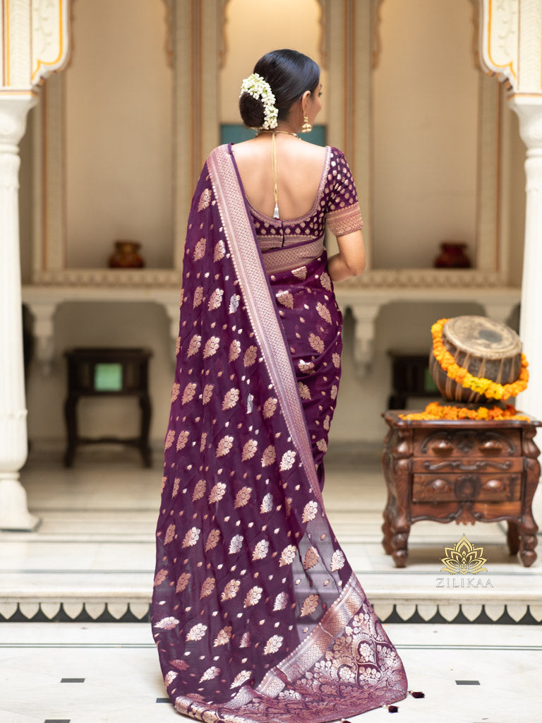 Plum Wine Banarasi Khaddi Weaved Georgette Saree