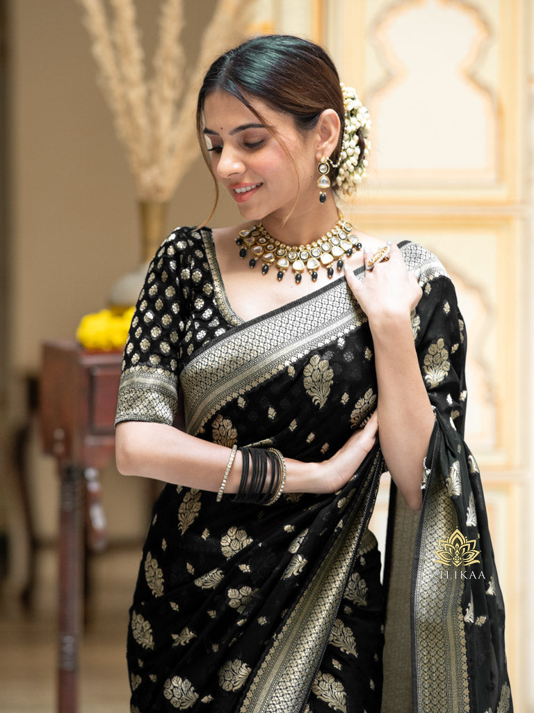 Midnight Black Banarasi Khaddi Weaved Georgette Saree