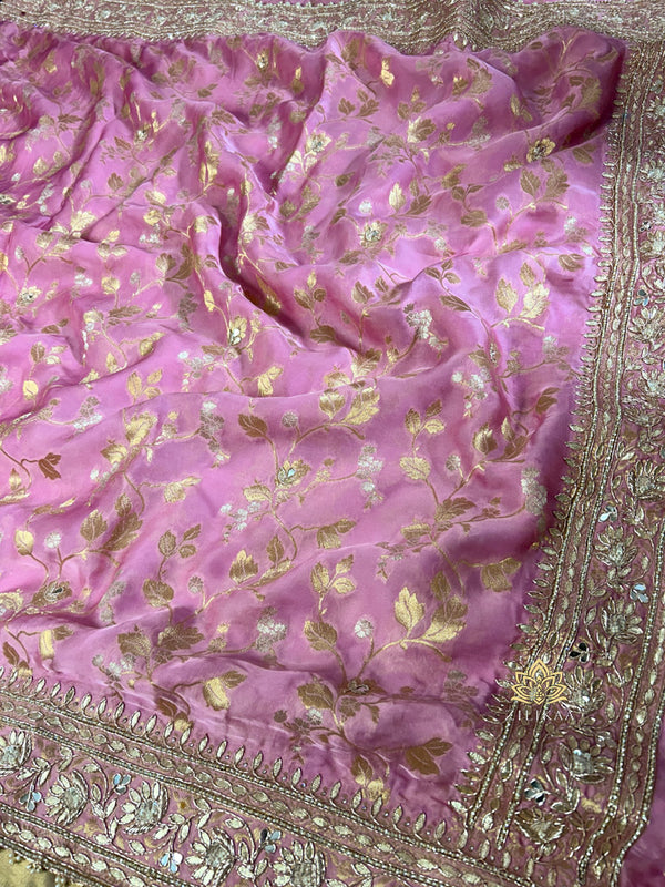 Baby Pink Zardozi Handwork Mulberry Banarasi Silk Saree