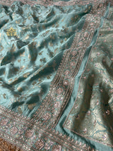 Tiffany Green Zardozi Handwork Mulberry Banarasi Silk Saree