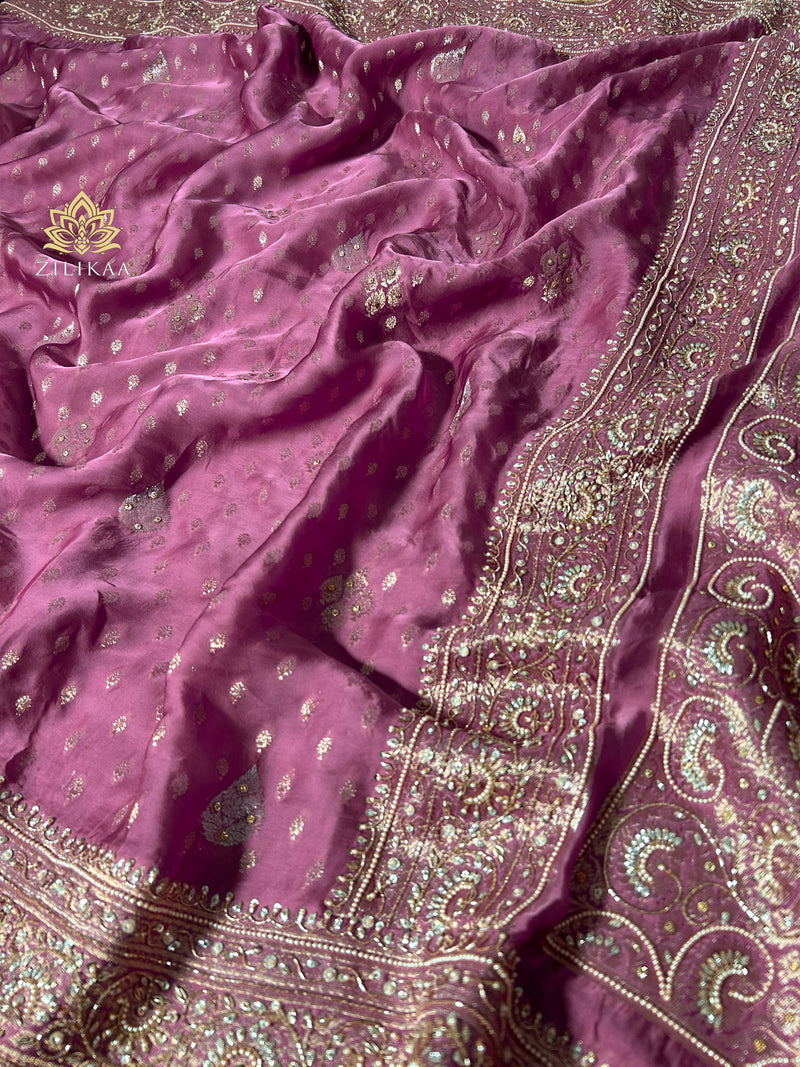 Mauve Pink Zardozi Pearl Handwork Mulberry Banarasi Silk Saree