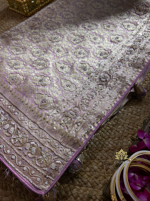 Lilac Special Kanchipuram Tissue Silk Saree with Zardozi Detailing Handwork