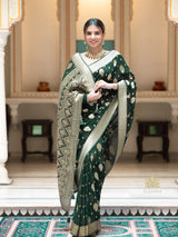 Bottle Green Banarasi Khaddi Weaved Georgette Saree