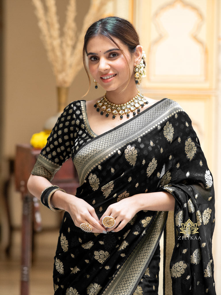 Midnight Black Banarasi Khaddi Weaved Georgette Saree