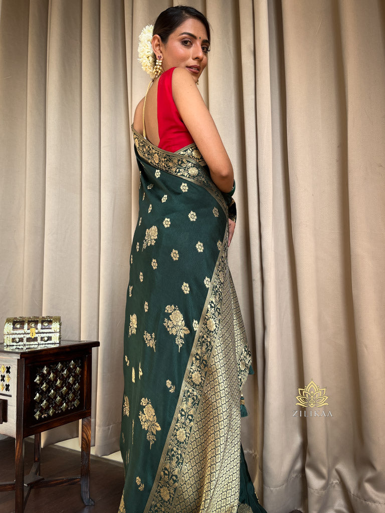 Bottle Green Banarasi Uppada Silk Saree