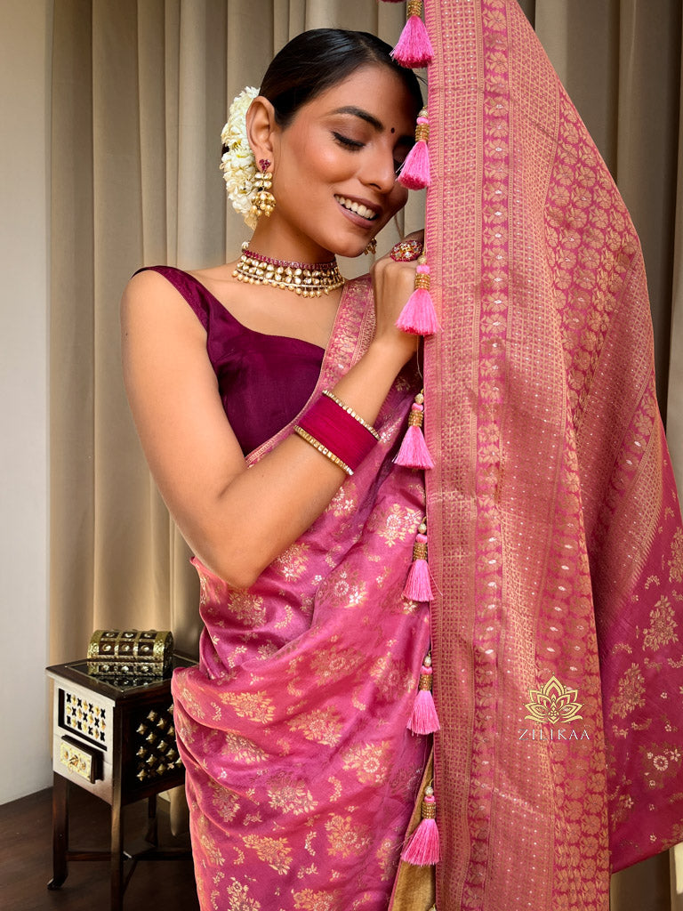 Onion Pink Banarasi Uppada Silk Saree