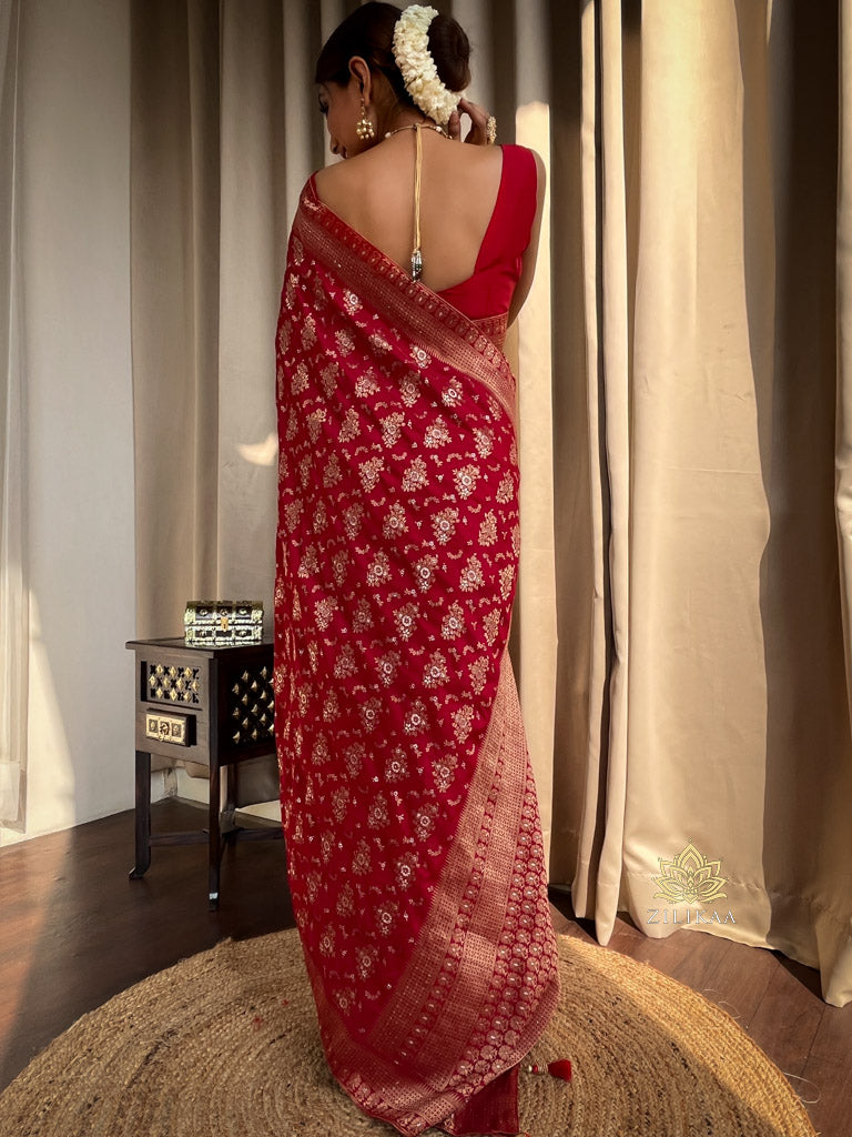 Scarlet Red Banarasi Uppada Silk Saree