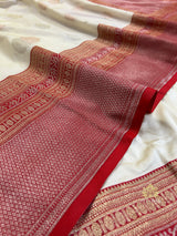Ivory with Red Banarasi Katan Silk Saree