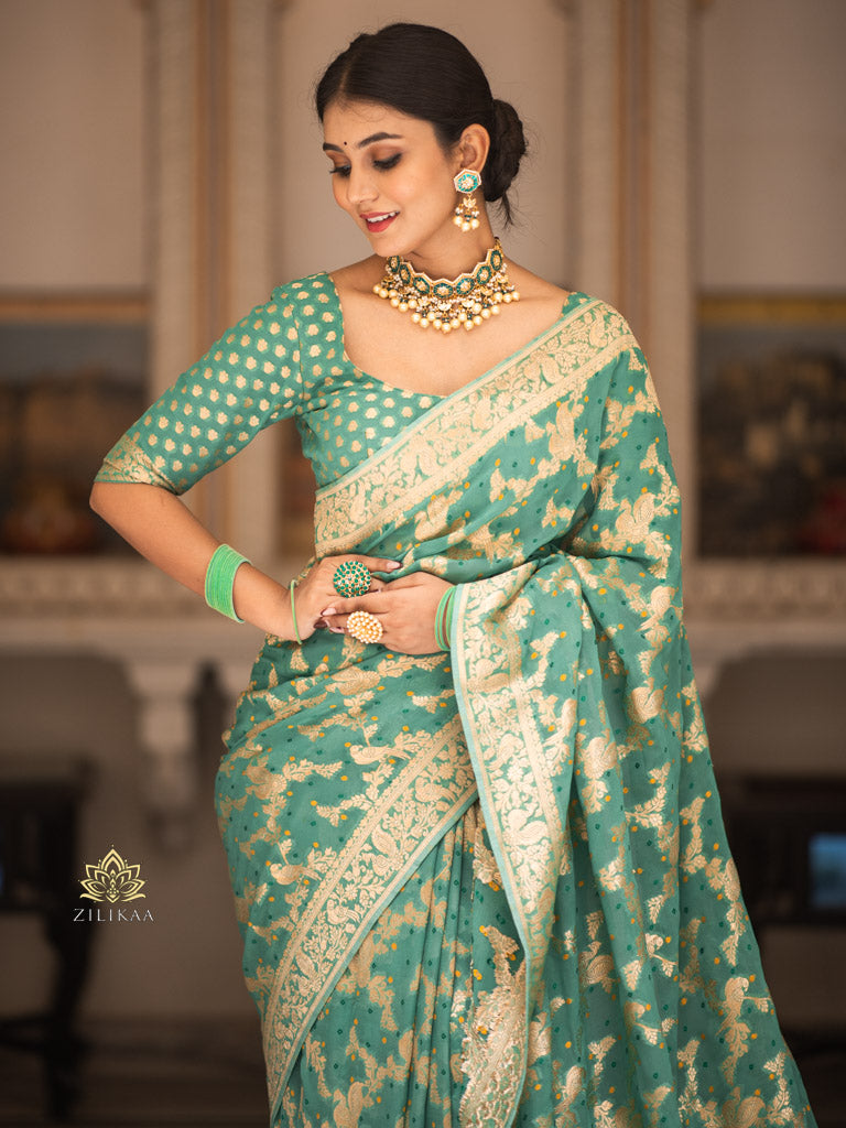 French Green Banarasi Meenakari Khaddi Weaved Georgette Saree